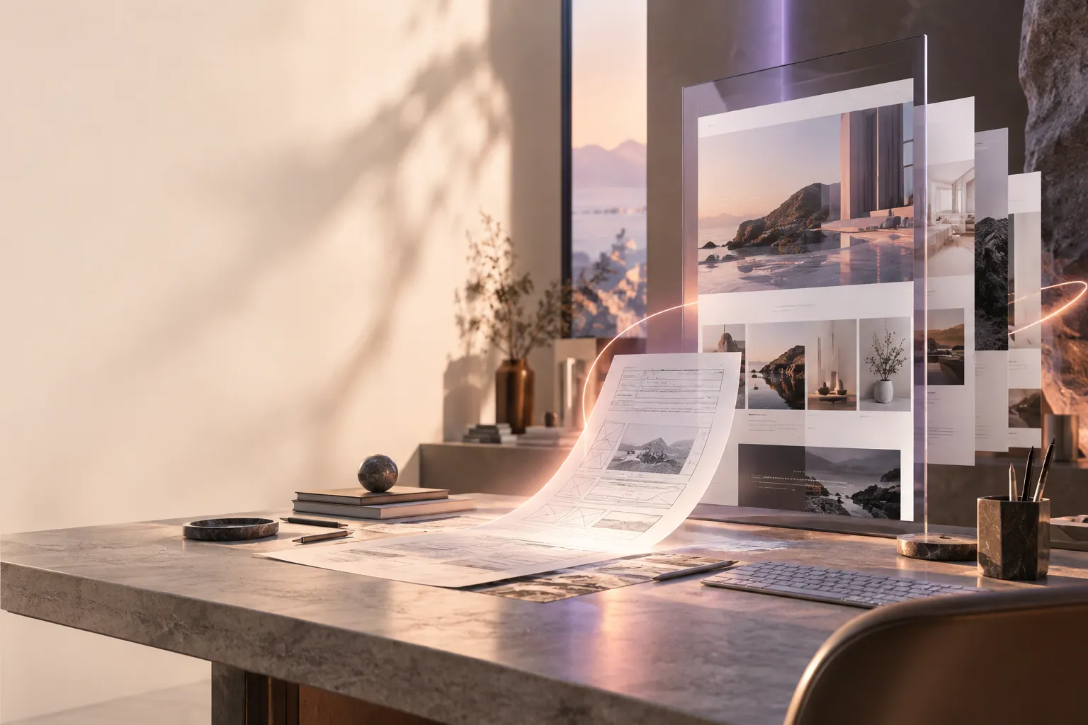 Creative studio desk where website sketches become a polished digital composition