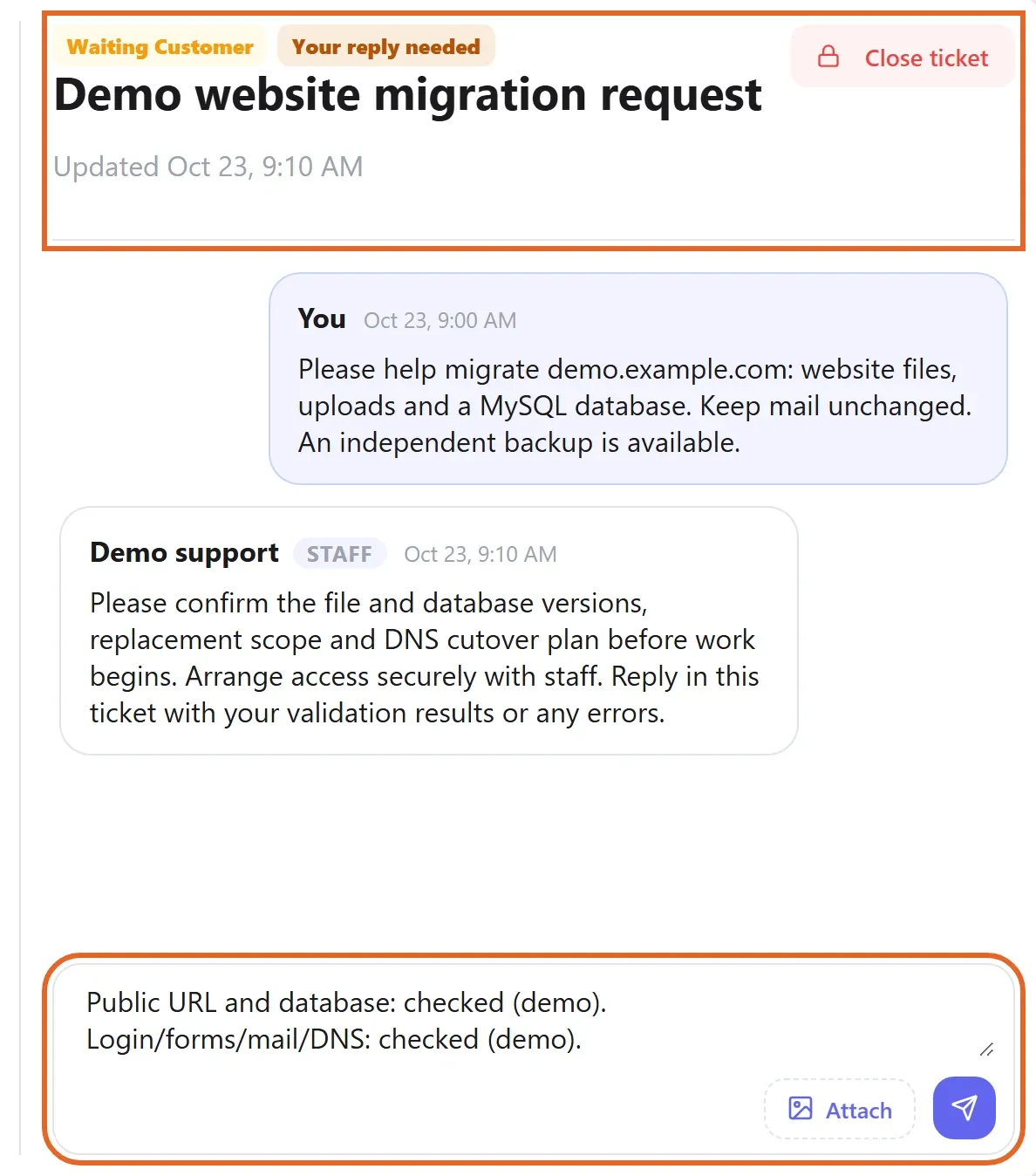 Original migration ticket showing an example staff reply and a highlighted reply box for validation results