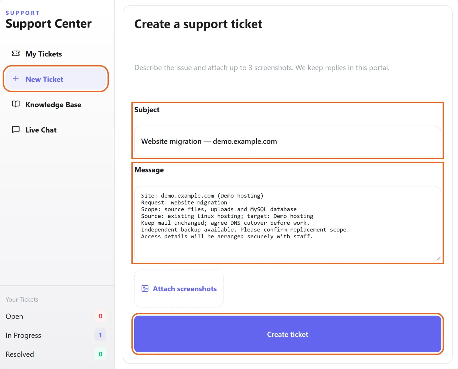 Support Center New Ticket form with a demo website migration subject, data scope and expected outcome, highlighted in orange