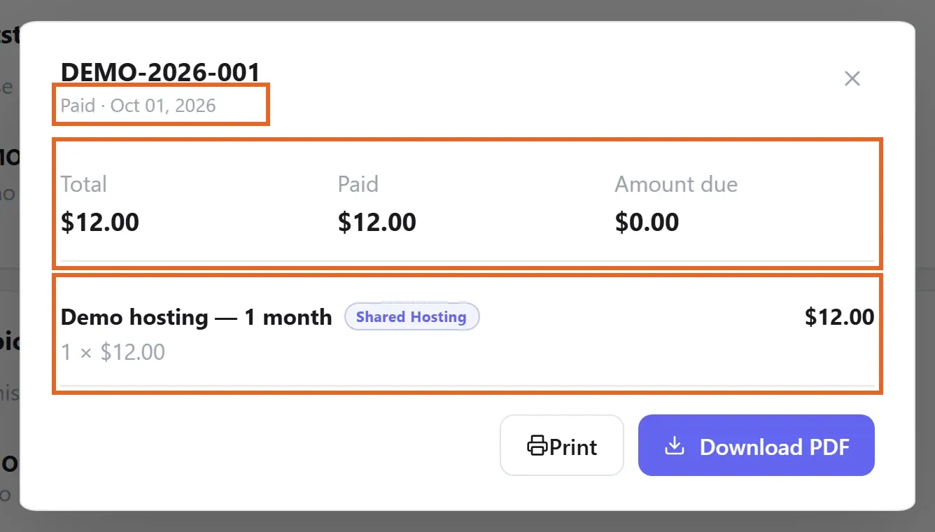 Invoice details highlighting Paid status, total, amount paid, amount due and the monthly hosting line item