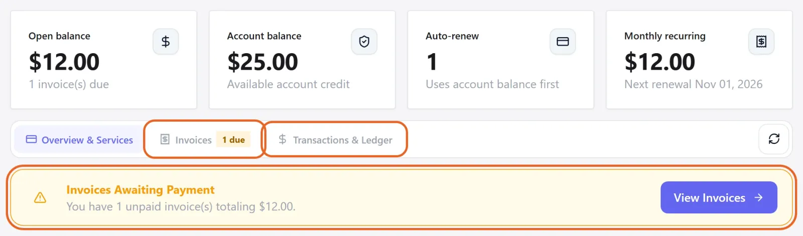 English billing overview with orange outlines around Invoices, Transactions & Ledger and the unpaid invoice alert