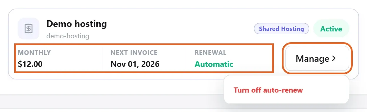 Subscription card highlighting the Next invoice date, Automatic renewal status and the Manage menu