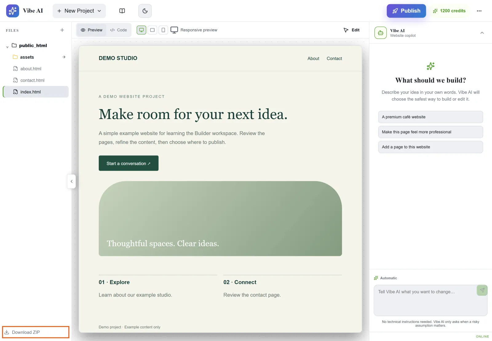 AI Builder workspace with the project file tree and Download ZIP link outlined in orange