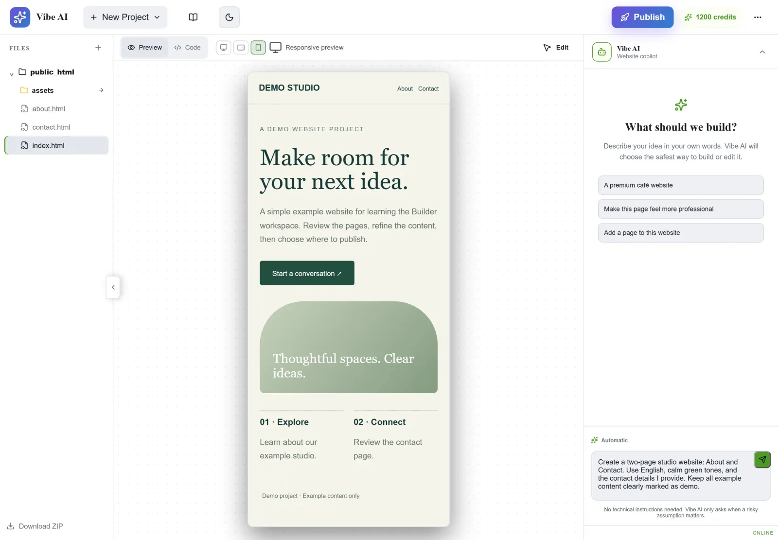 AI Builder Mobile preview selected for an example website while its page files and AI chat remain visible