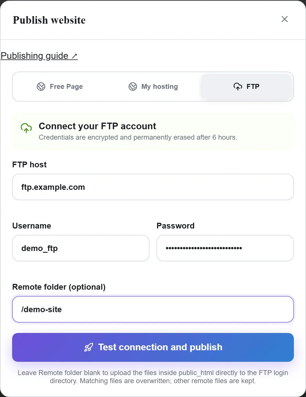 FTP publishing form showing host, username, masked password, remote folder and Test connection and publish action