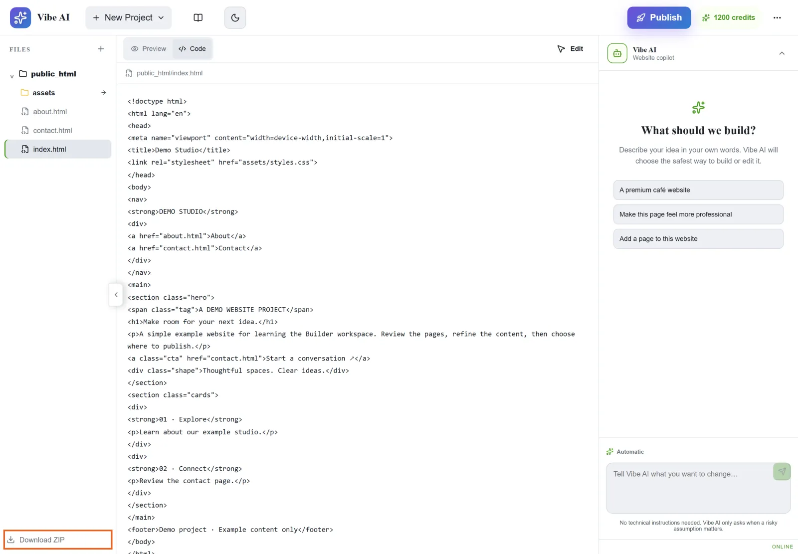 Builder Code view showing the example index.html source and its relative stylesheet link