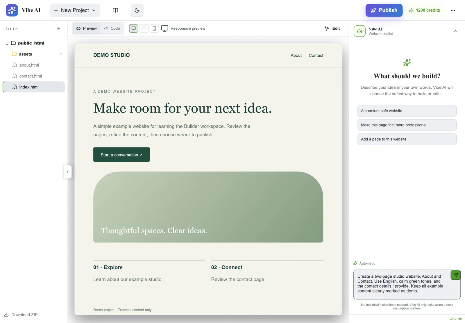 AI Builder workspace showing example project files, desktop preview and an unsent prompt describing pages and style