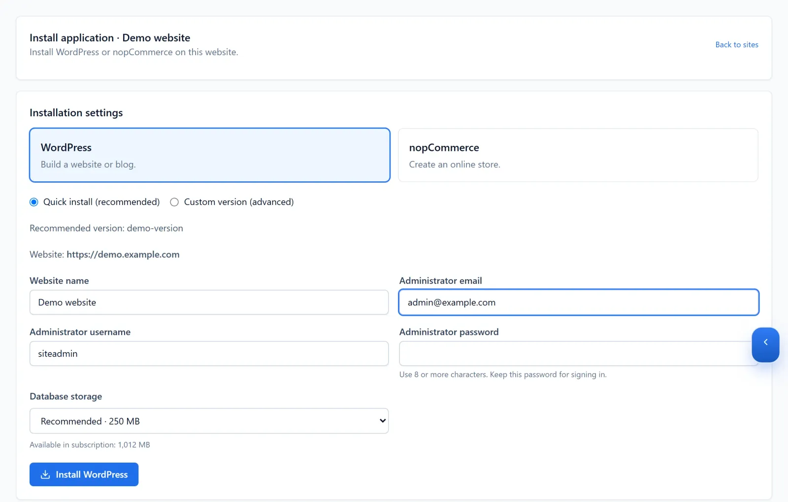 WordPress installation form with administrator and database storage settings