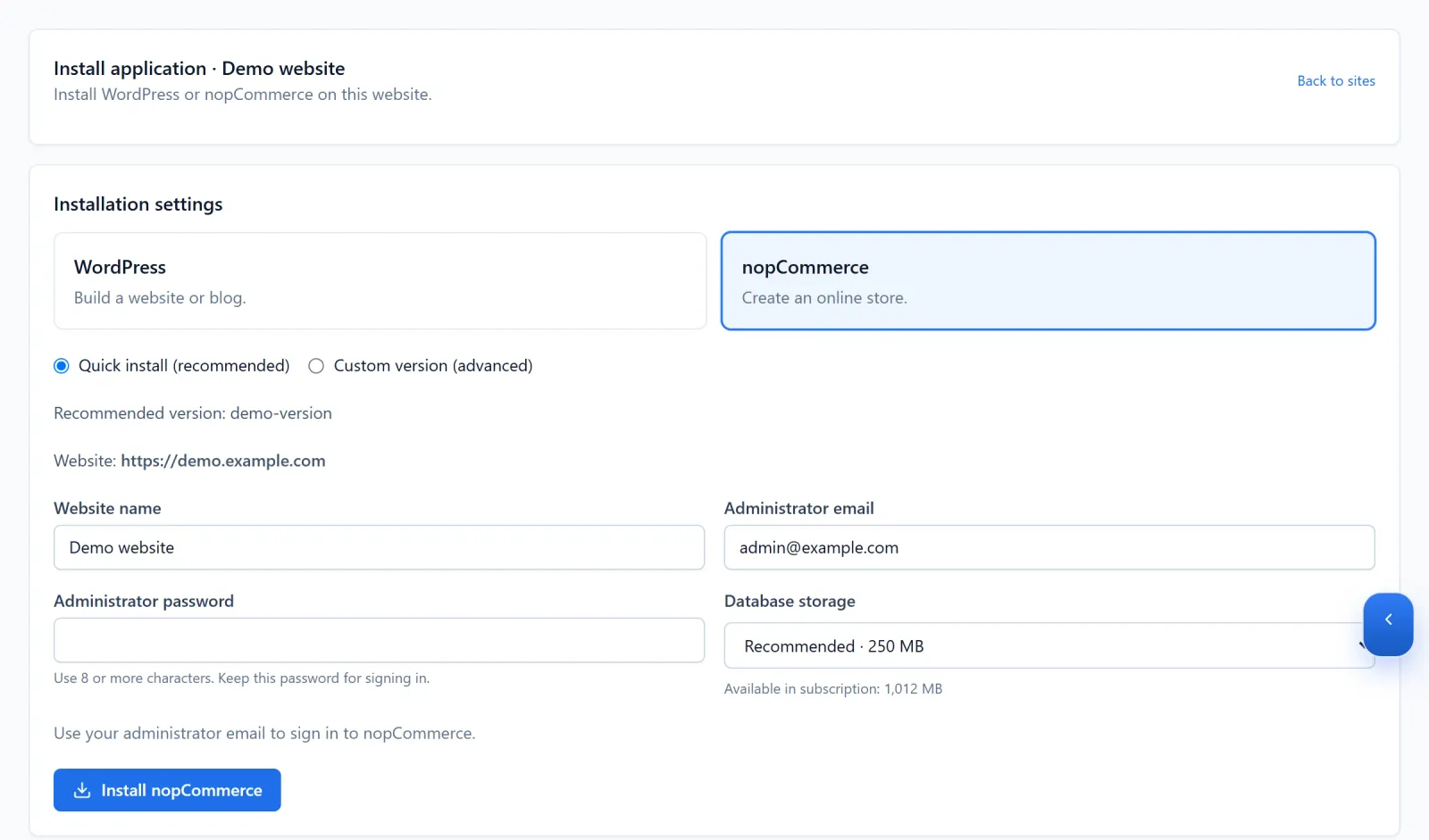 nopCommerce installation form with application source, administrator email and database capacity