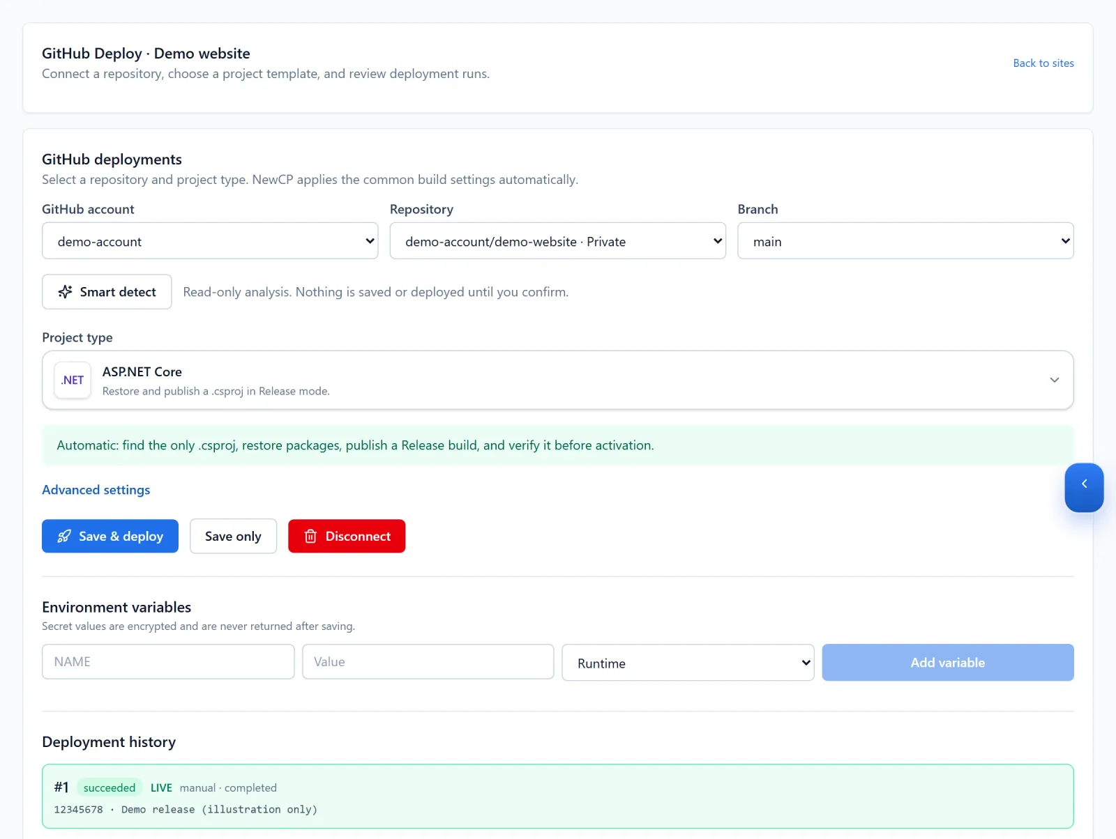 GitHub deployment page with the ASP.NET Core project template selected