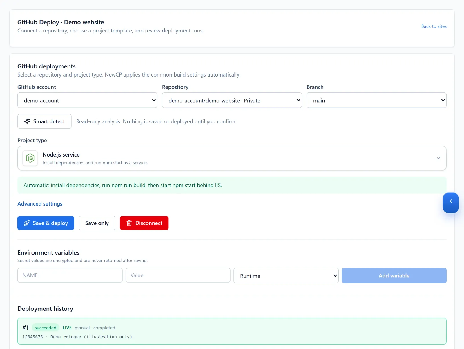 Node.js service deployment page showing repository, branch and the selected project type