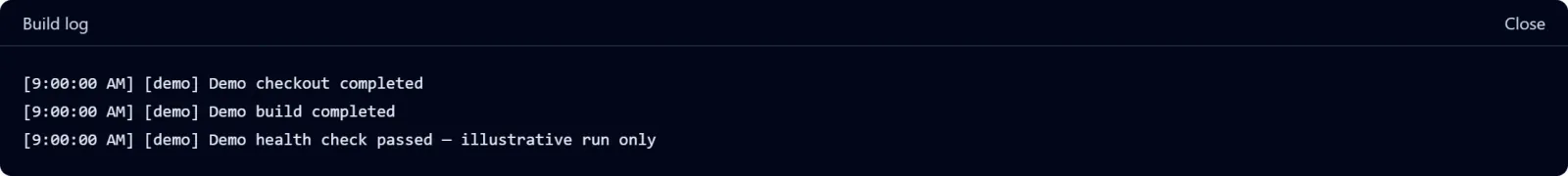 Build log showing example checkout, build and health-check messages