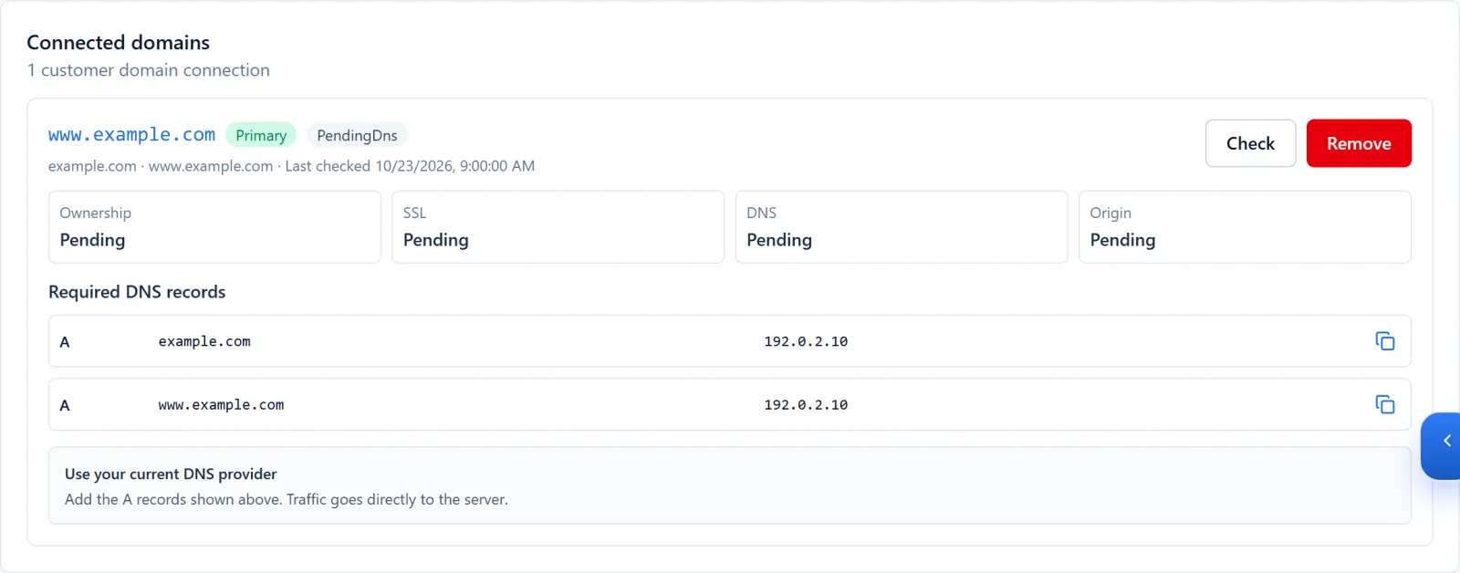 Connected domain card showing required DNS records and separate Ownership, SSL, DNS and Origin states
