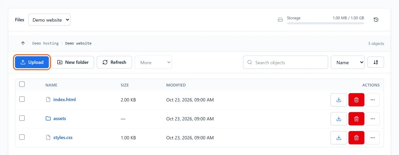 File workspace with the selected website, root breadcrumb, release files and highlighted Upload button