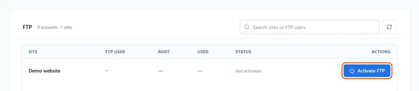 FTP page showing the target website and its Activate FTP action