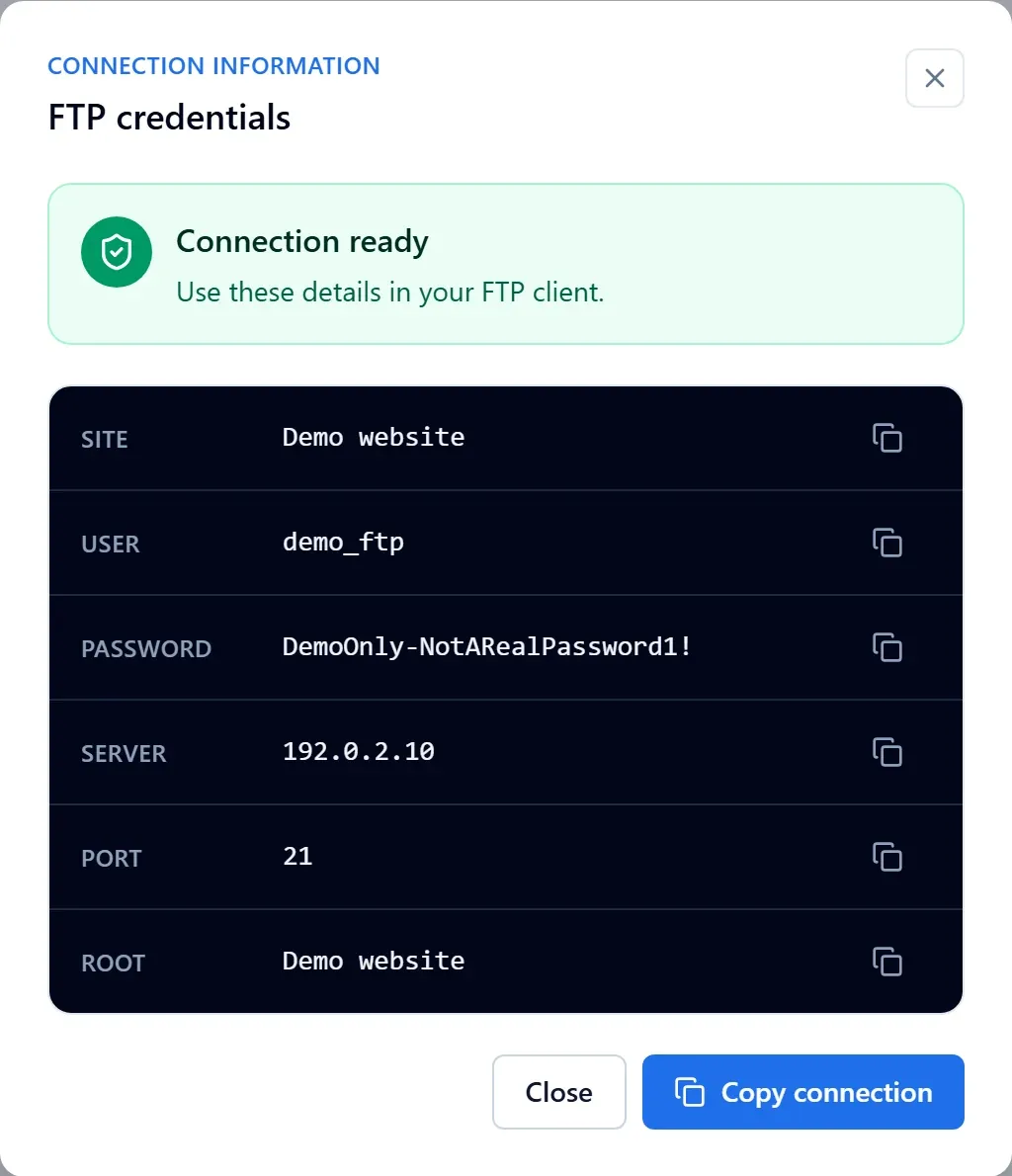 FTP connection information with demo site, username, password, server, port and root