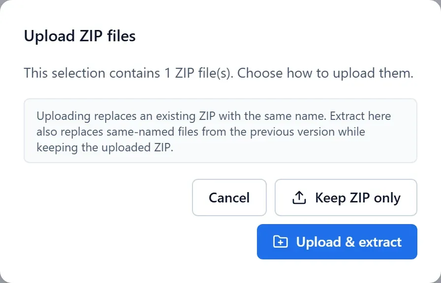 Upload ZIP files dialog with options to keep the ZIP or extract it into the current folder