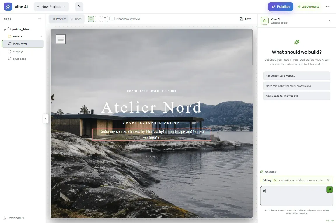 English AI Builder example workspace showing project files, website preview, AI chat and the Publish button