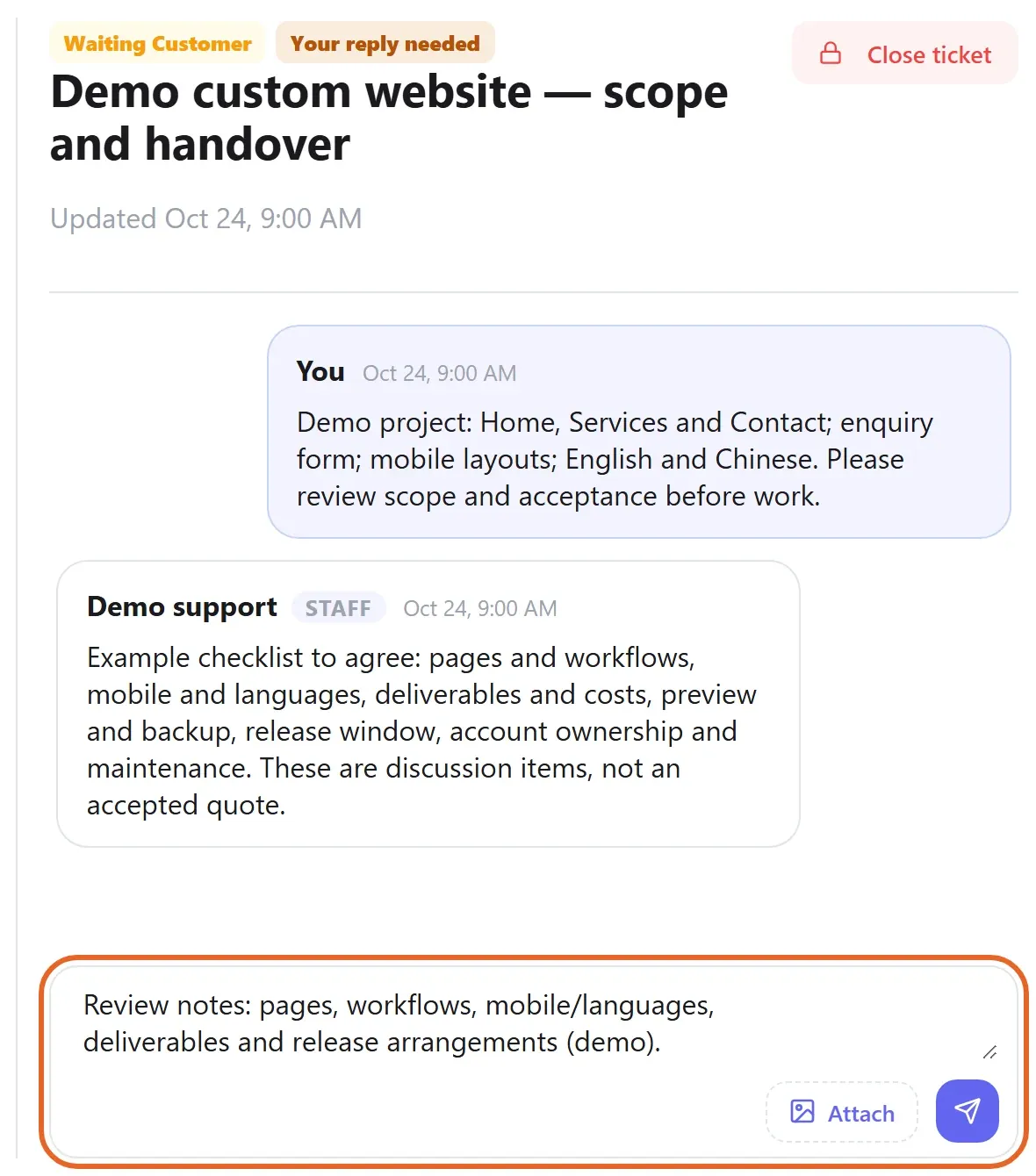Demo custom website ticket with a checklist for scope, deliverables, preview, release and handover arrangements