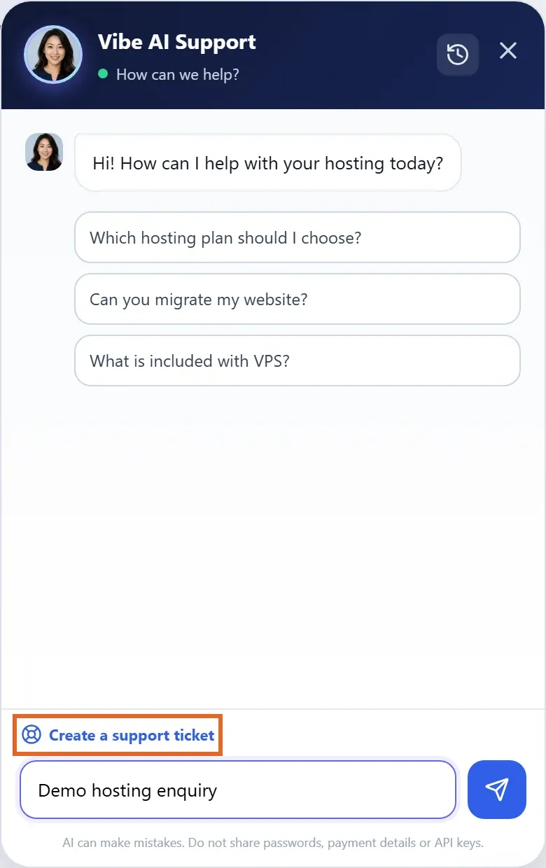 Website AI support panel with an unsent example question and the Create a support ticket button highlighted
