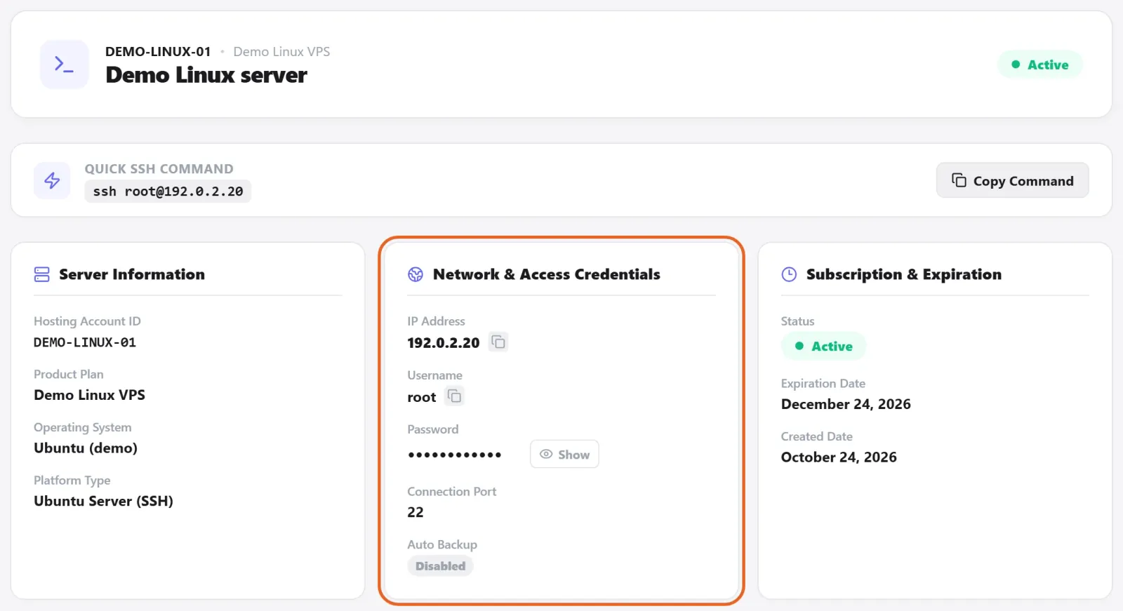 Linux VPS details showing the selected demo service, SSH command, IP address, username, masked password and port