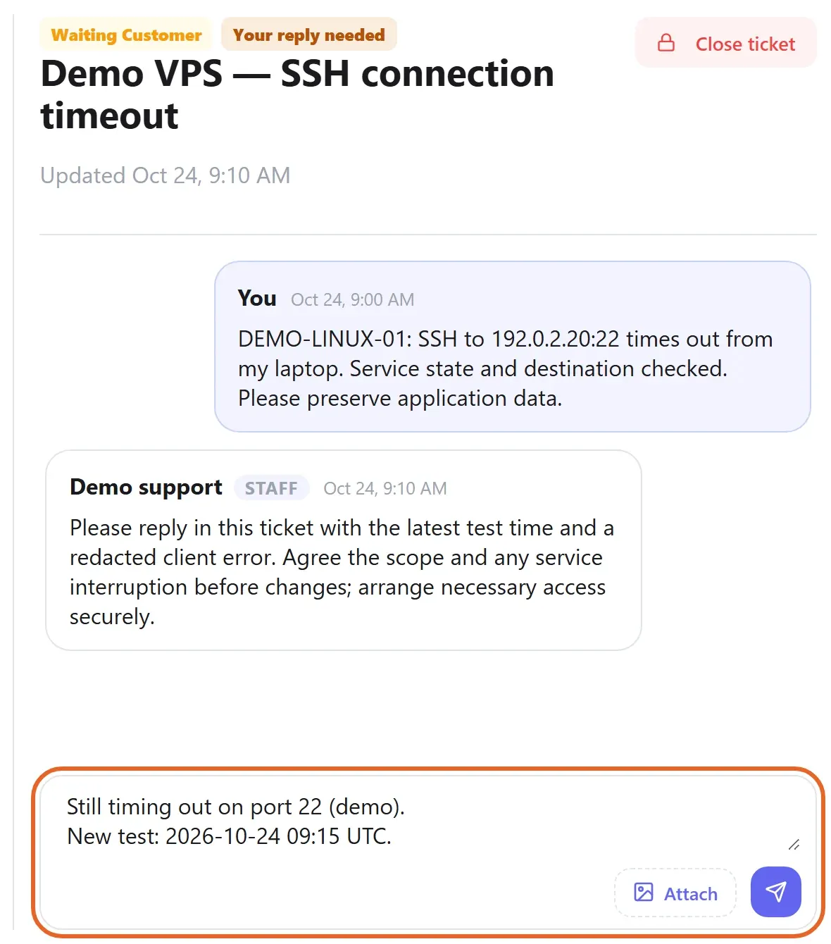 Original VPS support ticket with an example staff response and a highlighted reply box containing a fresh test time